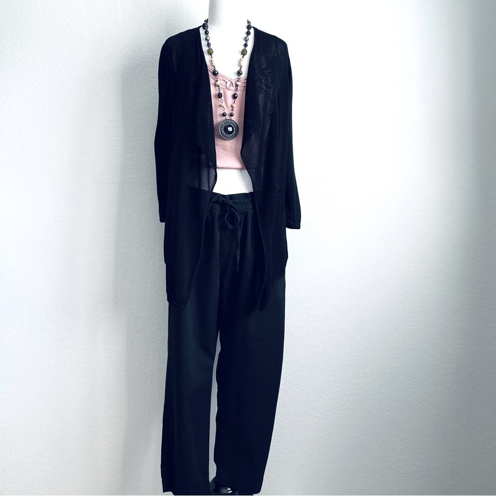 SET August Silk Black Mesh Open Front Cardigan & GAP Black Easy Drawstring Pants